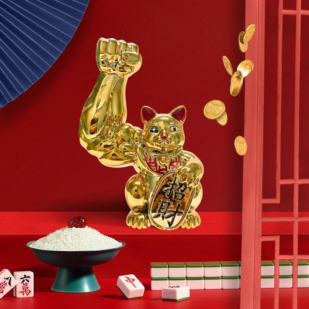 1pc Muscle Arm Lucky Cat Figurines Golden Feng Shui Welcome Cat Home Decor