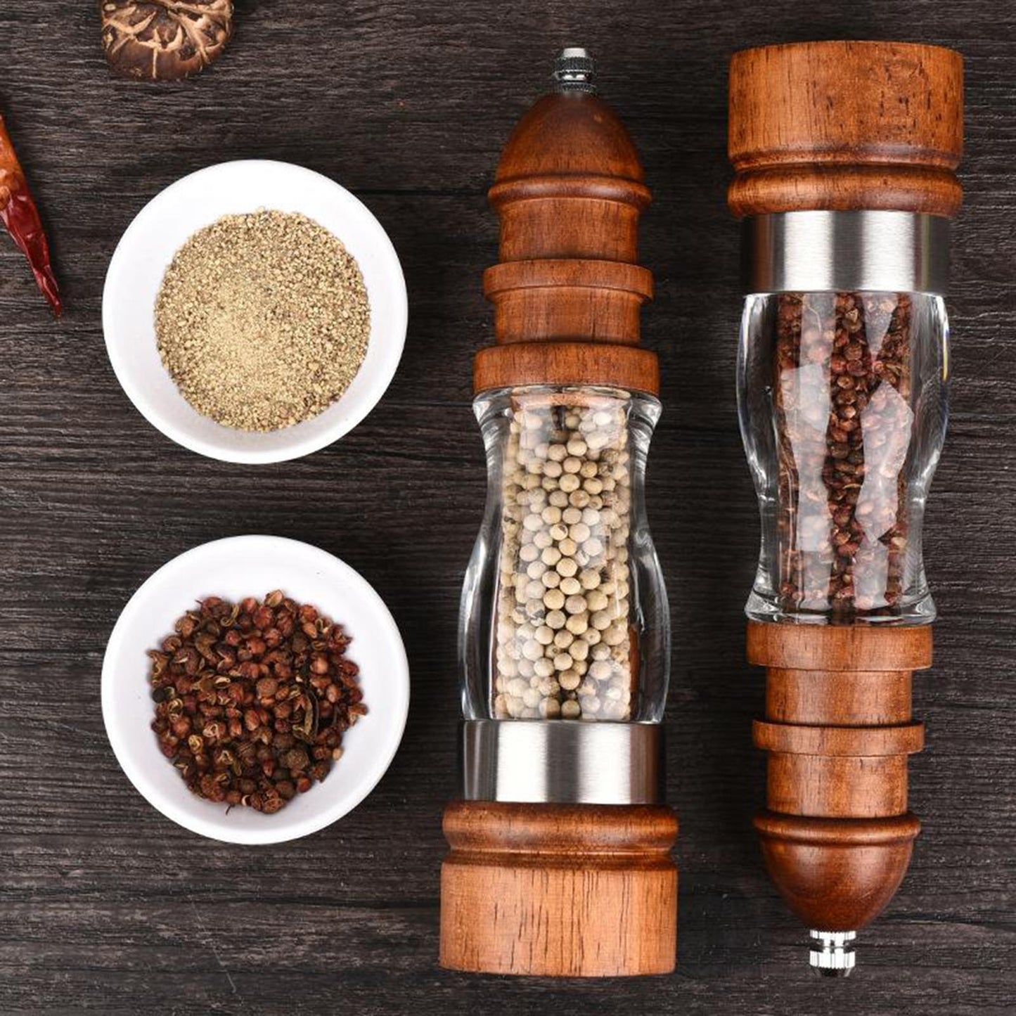 Salt and Pepper Grinder Hand Movement Acrylic Wood Pepper Mill 3 Pieces