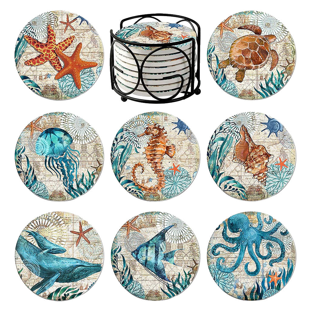 8x Cork Base Drinks Coasters With Holder Cup Pads Placemat Dining Room Decor