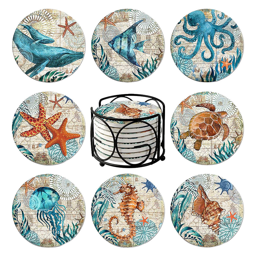 8x Cork Base Drinks Coasters With Holder Cup Pads Placemat Dining Room Decor