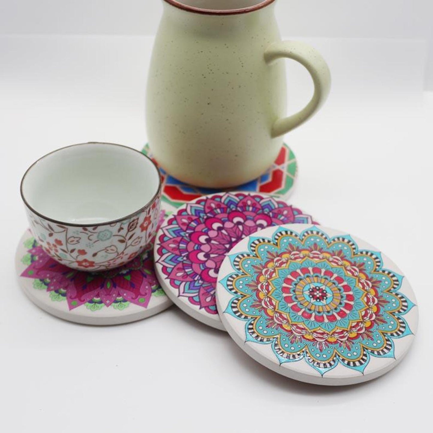Ceramic Cork Base Round Coasters Kitchen Cup Pads Placemat + Holder 8pcs