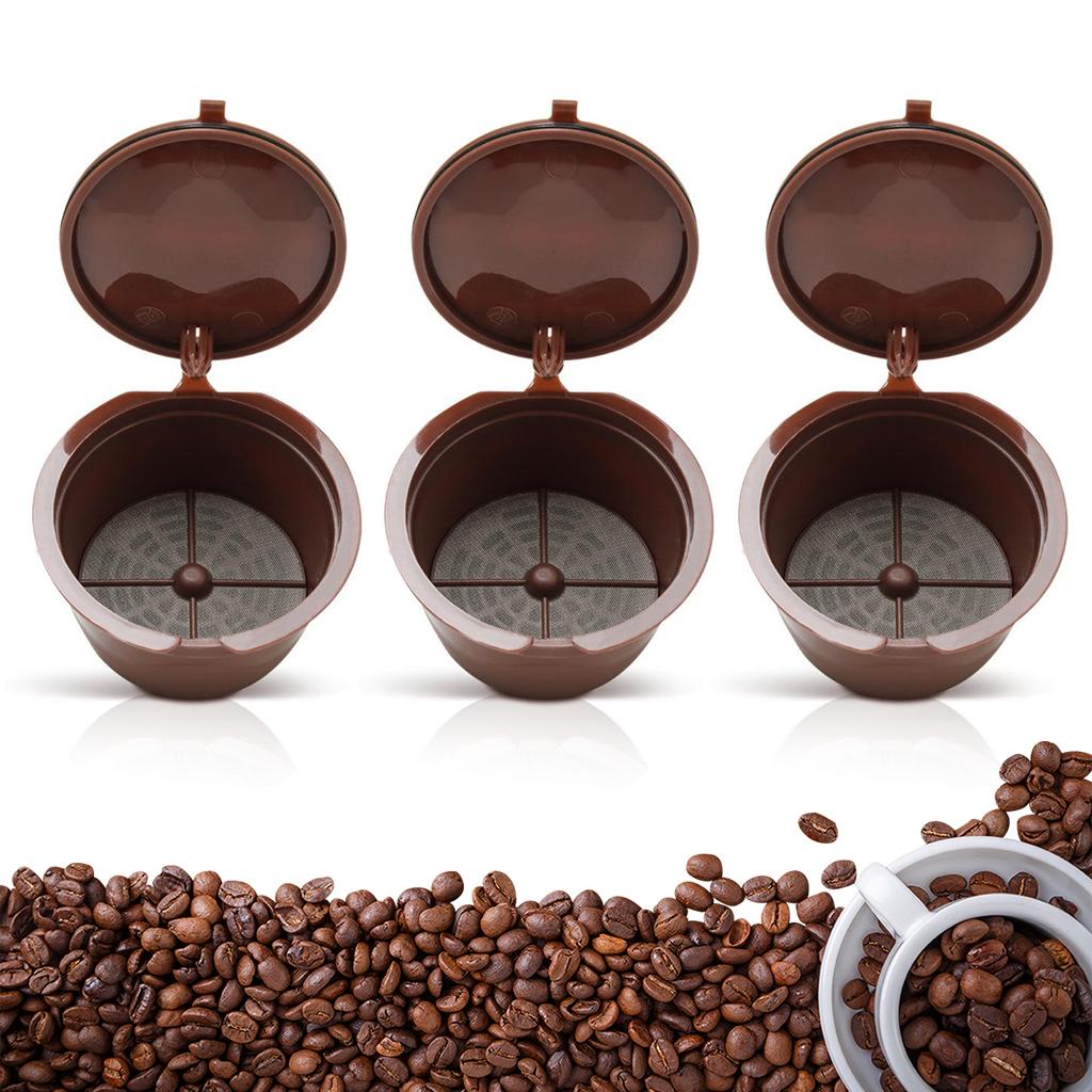 3Pcs Reusable Coffee Capsule Filters with Spoon and Cleaning Brush Brown