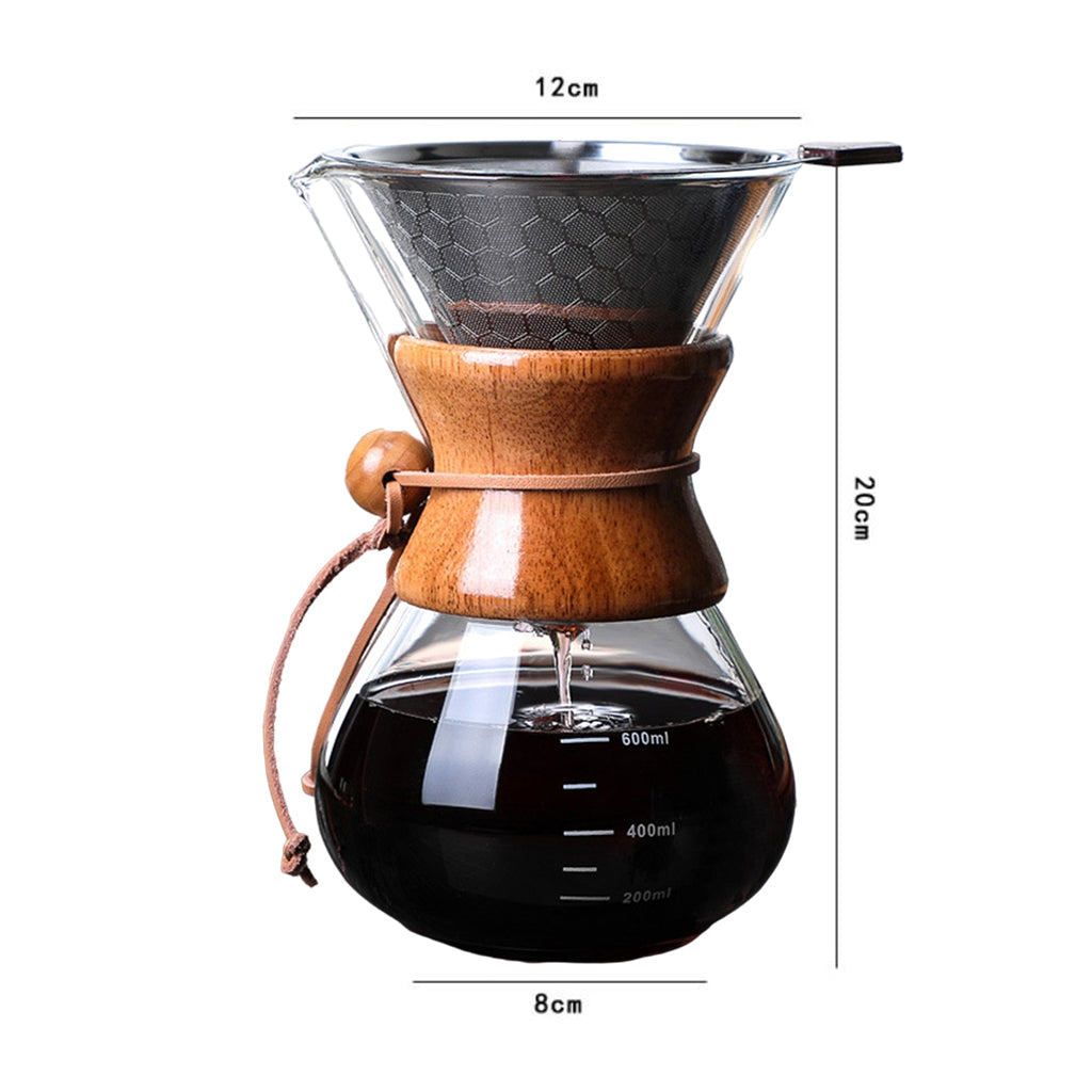 21 oz Pour Over Coffee Maker Reusable Anti-Scald Wooden Handle Transparent 600ml with Filter