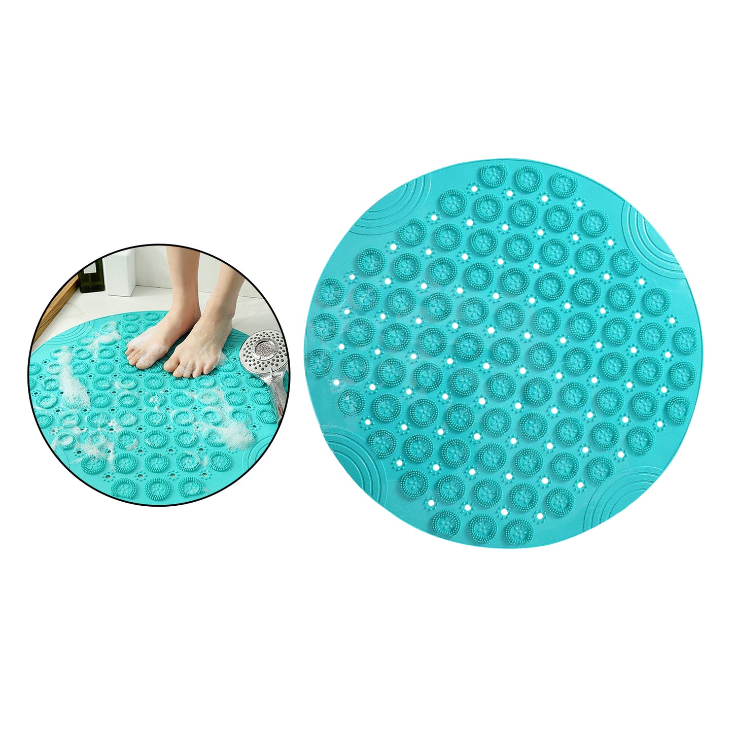 Round Bathroom Shower Mat with Drain Holes Foot Scrubber Massage Bath Mat Cyan
