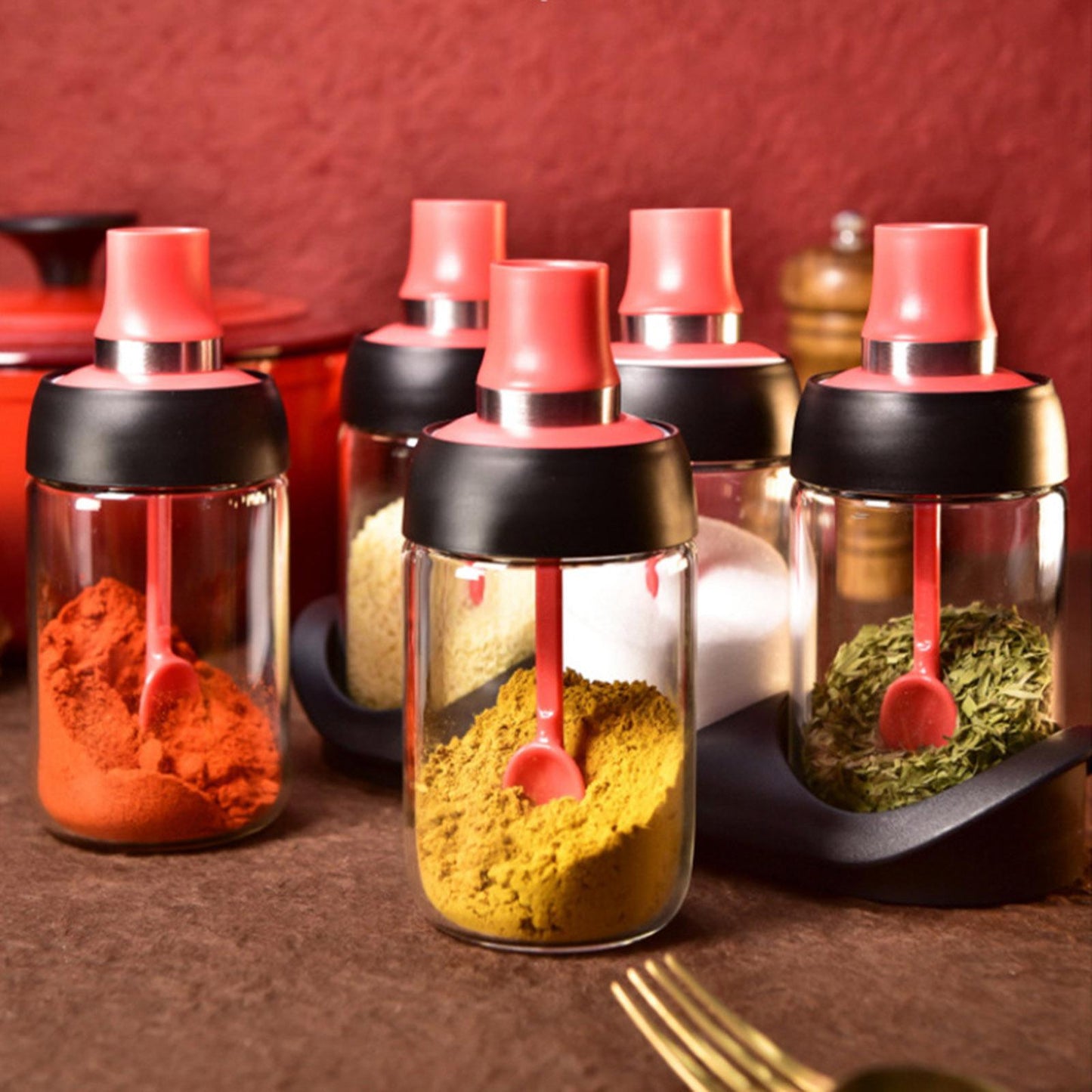 Kitchen Condiment Pots & Lid Sealed Store Various Spices Red Honey Dippers
