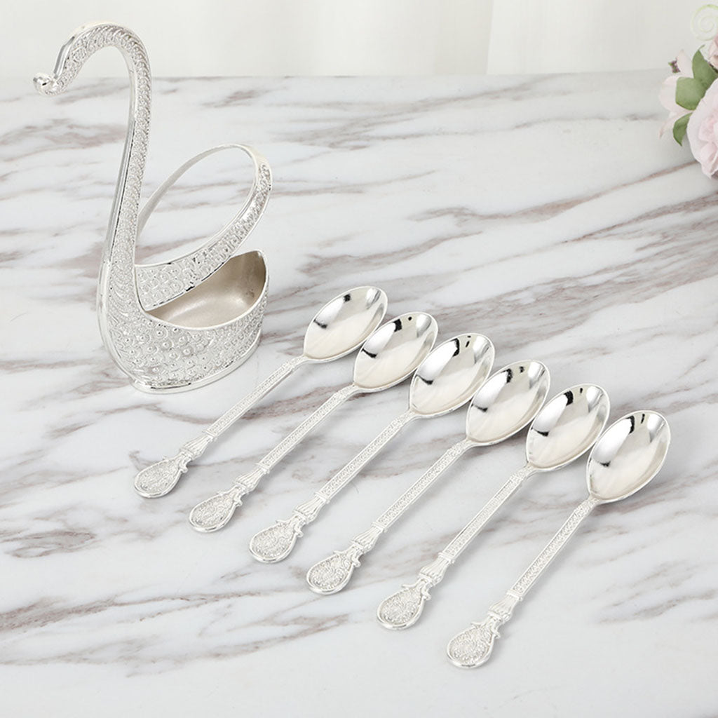 Alloy Creative Dinnerware Sets, Decorative Swan Base Holder with 6 Spoons silver