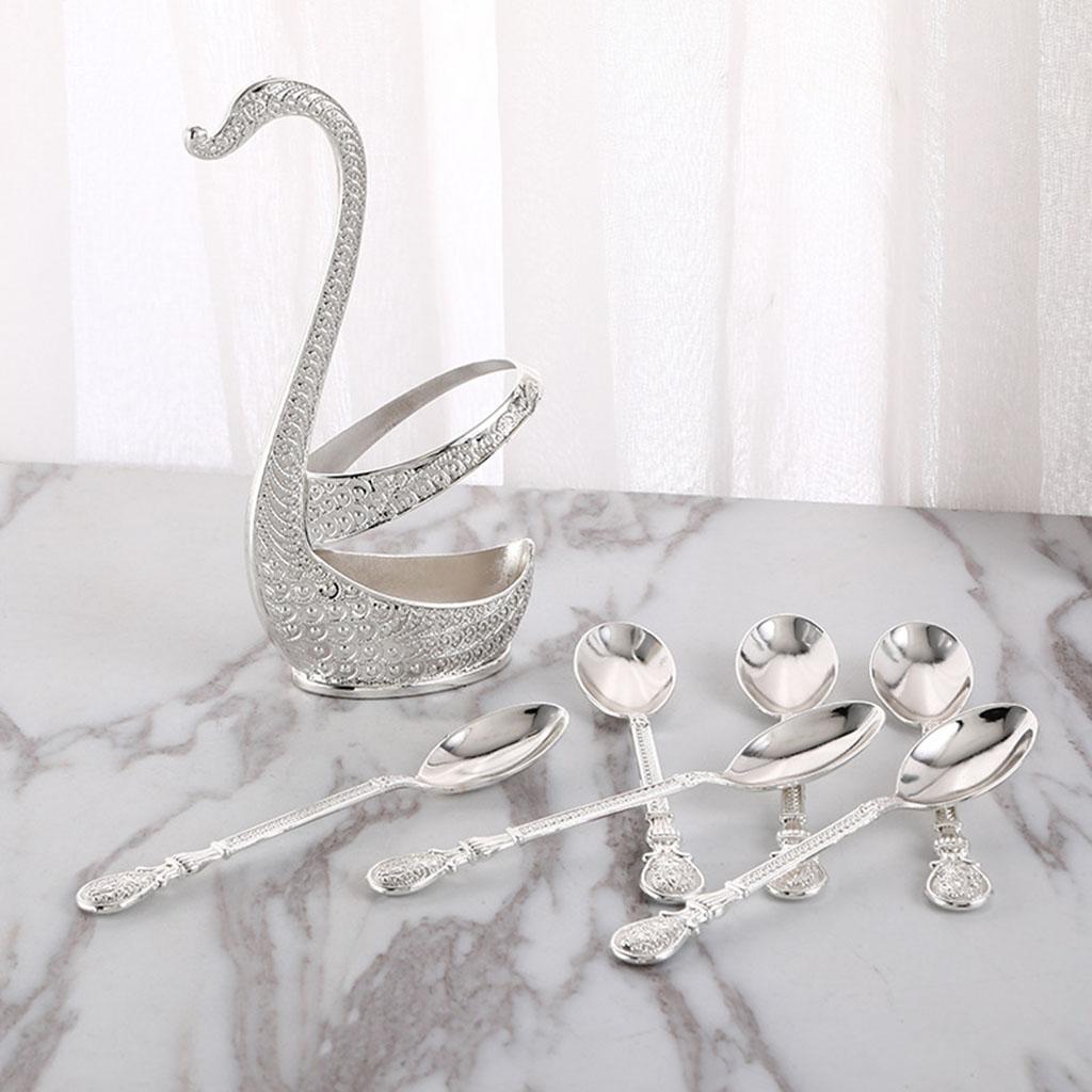 Alloy Creative Dinnerware Sets, Decorative Swan Base Holder with 6 Spoons silver