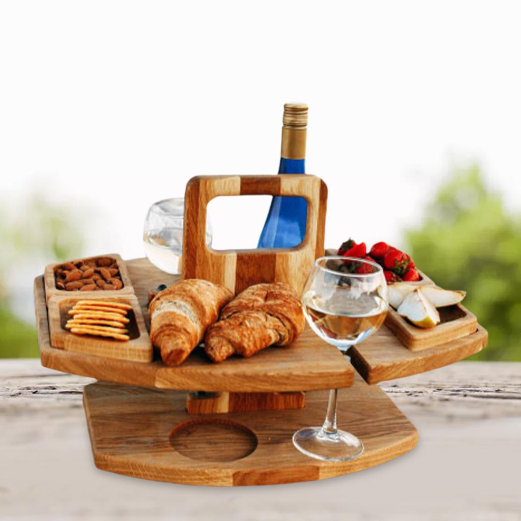 Portable Wooden Picnic Table Outdoor Wine Glass Holder Rack Detachable Desk