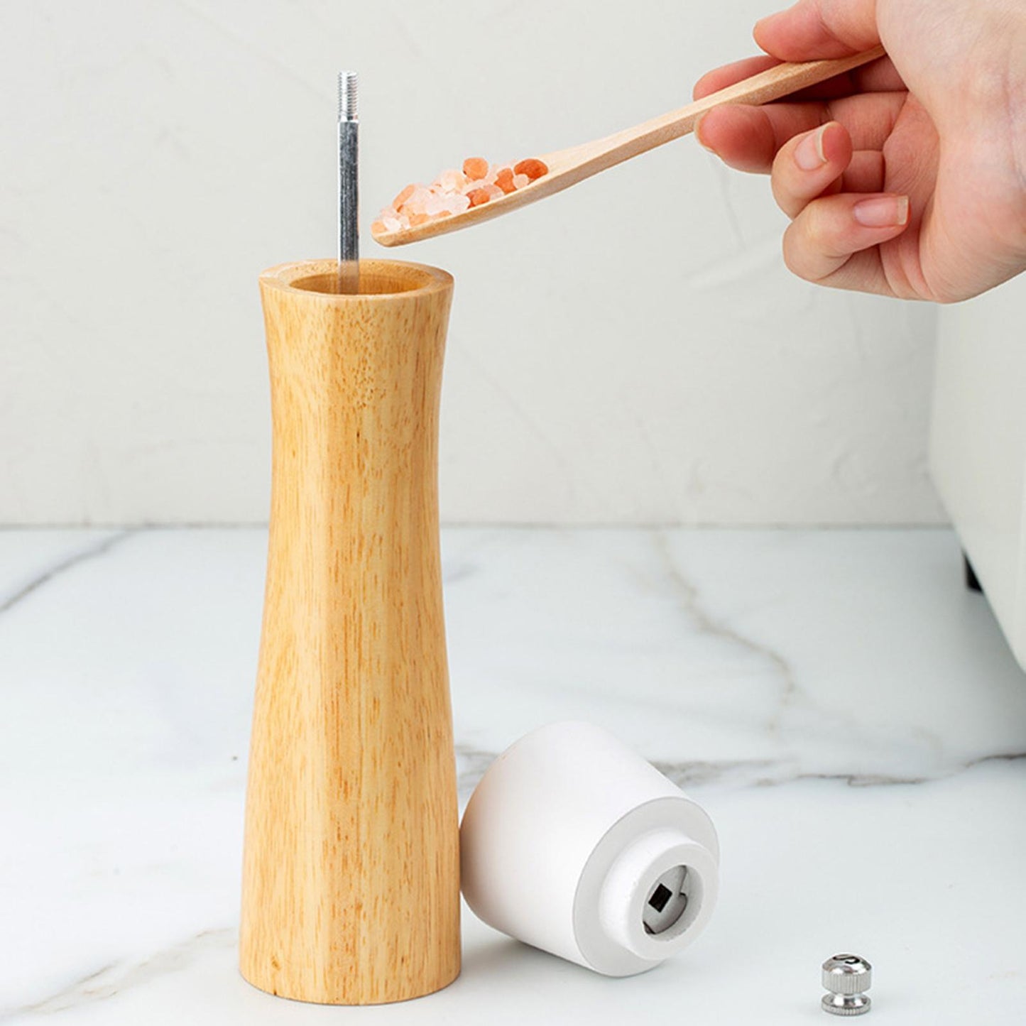 Wooden Salt and Pepper Grinders with a Spoon Manual Spice Shaker Mill Gifts