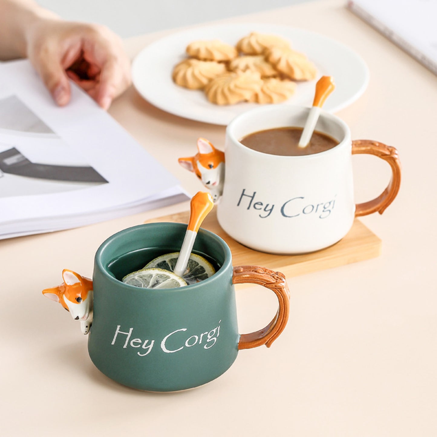 3D Corgi Ceramic Mug Novelty Juice Drink Cup for Girl Friends Green