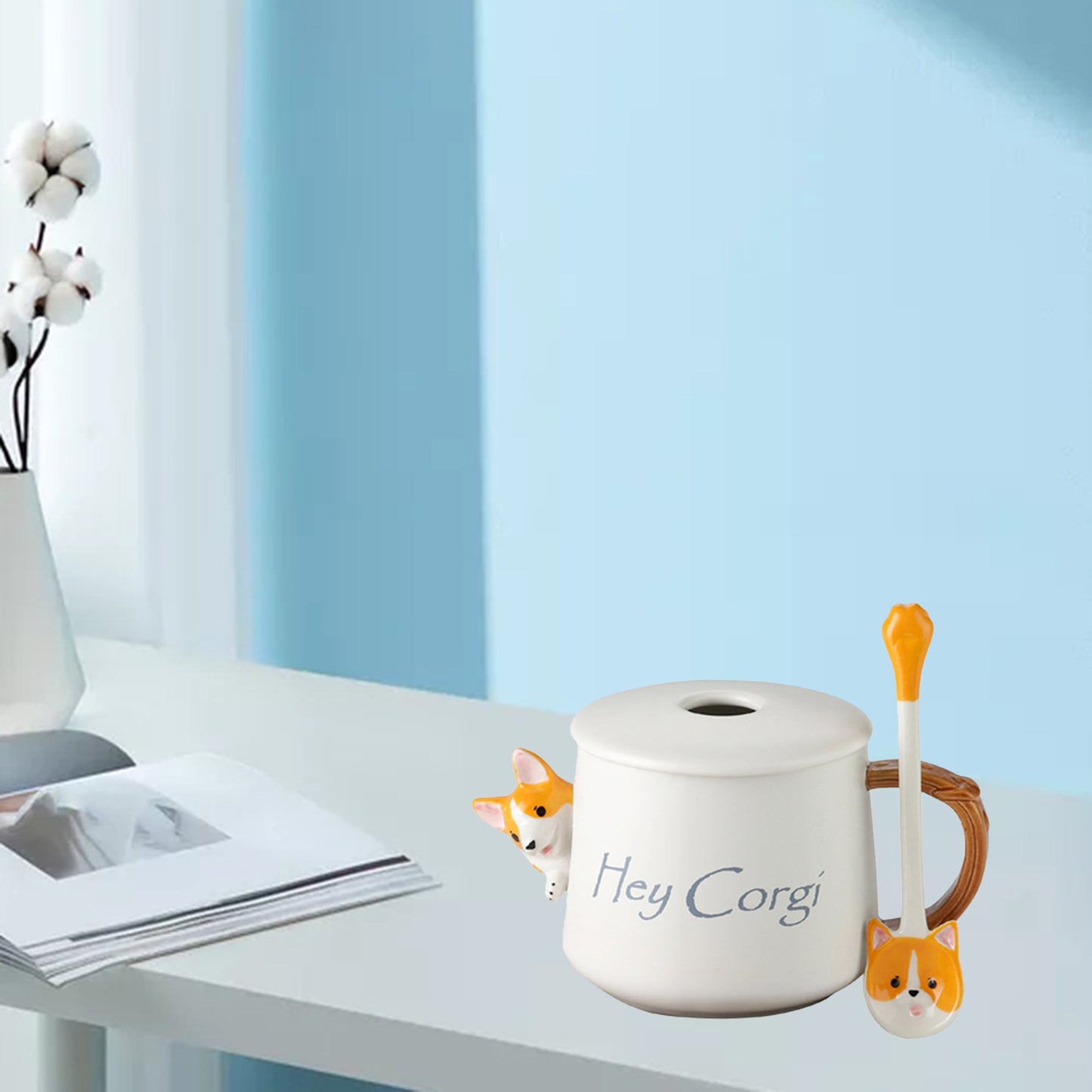 3D Corgi Ceramic Mug Novelty Juice Drink Cup for Girl Friends White