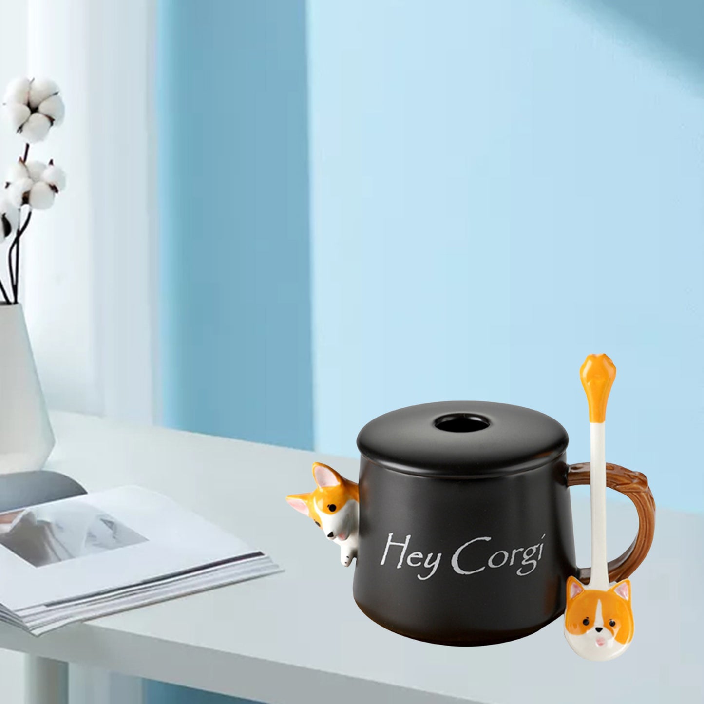 3D Corgi Ceramic Mug Novelty Juice Drink Cup for Girl Friends Black