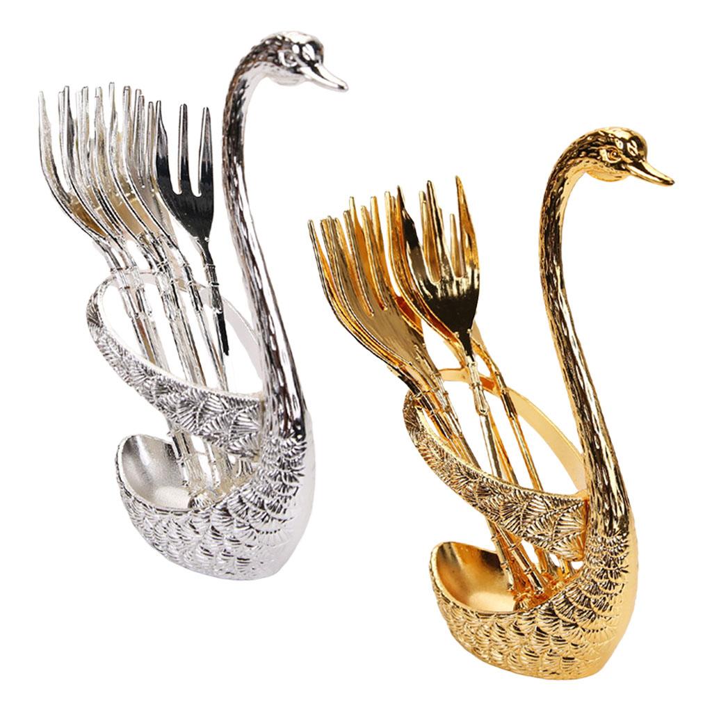 Swan Dinnerware Set Creative 6 Forks Utensils for Tea Fruit Kitchen Gold