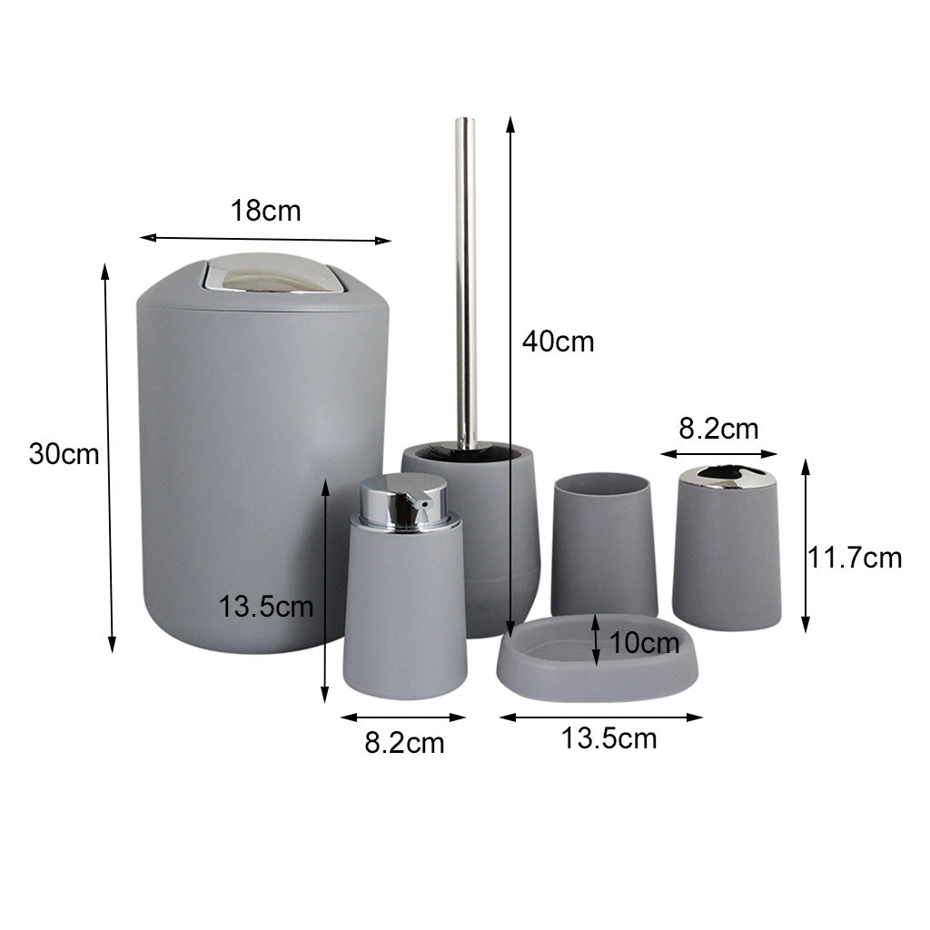 6Pieces Bathroom Accessories Set Tumbler Toothbrush Holder Toilet Brush Grey