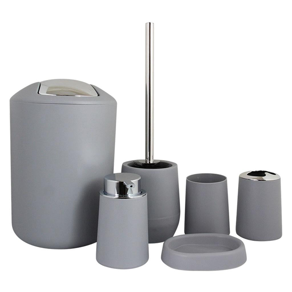 6Pieces Bathroom Accessories Set Tumbler Toothbrush Holder Toilet Brush Grey