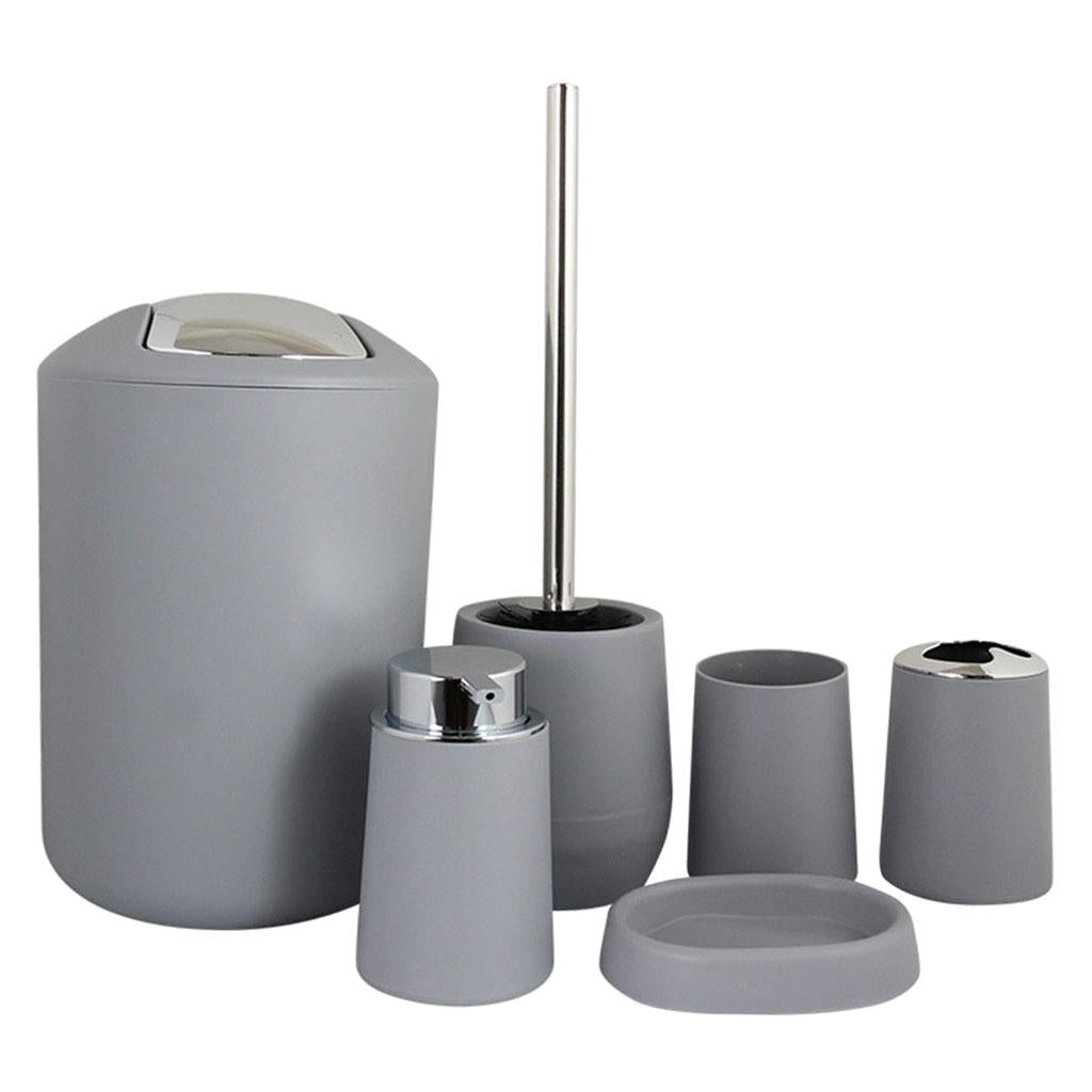 6Pieces Bathroom Accessories Set Tumbler Toothbrush Holder Toilet Brush Grey