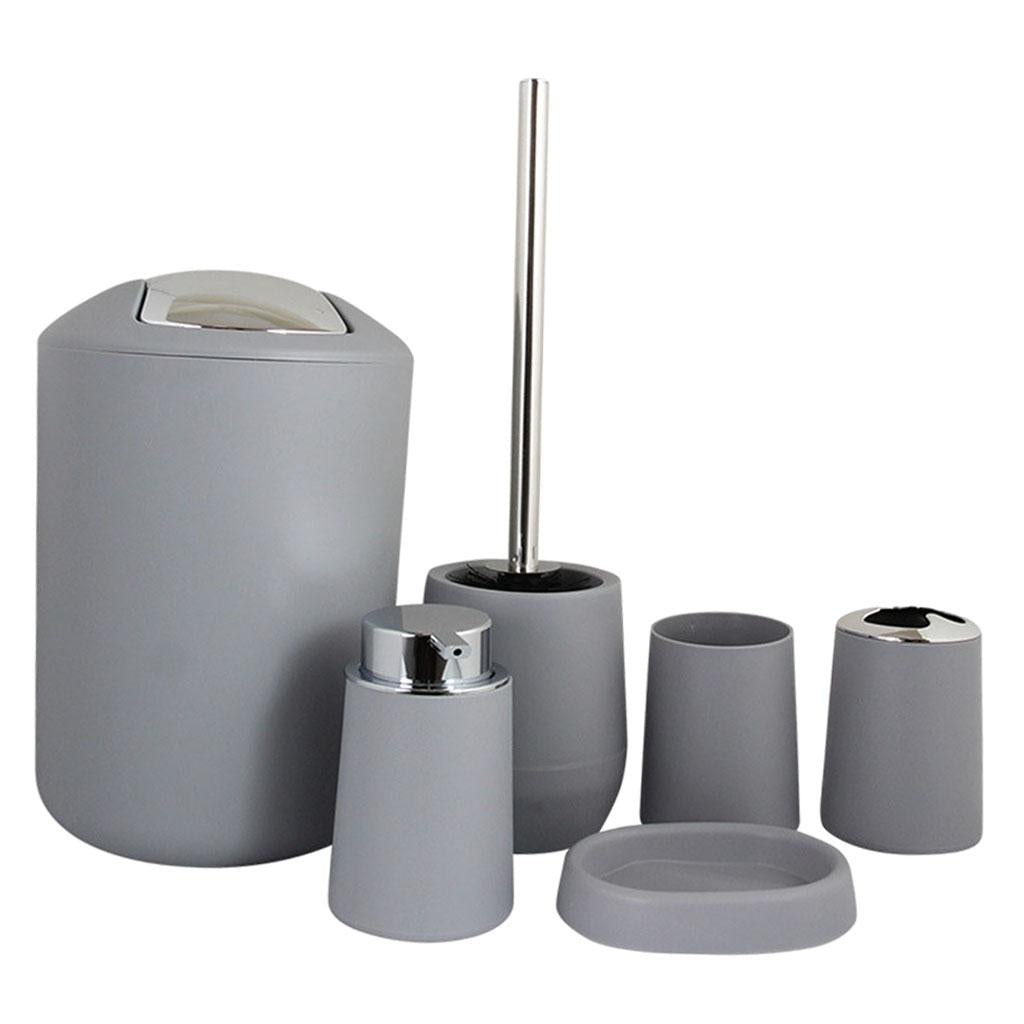 6Pieces Bathroom Accessories Set Tumbler Toothbrush Holder Toilet Brush Grey