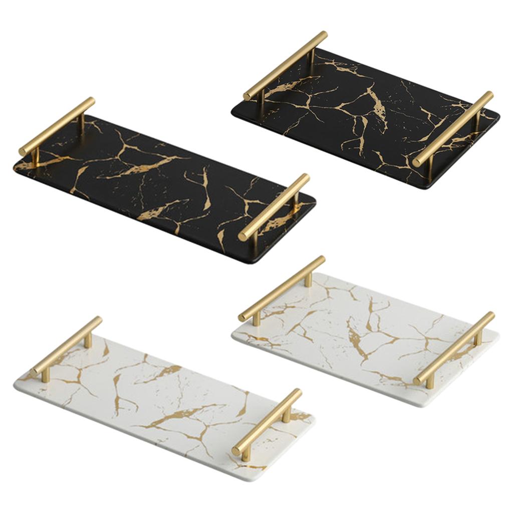 Marble Serving Tray with Handle Easy Clean for Home Living Room Decoration White Rectangle
