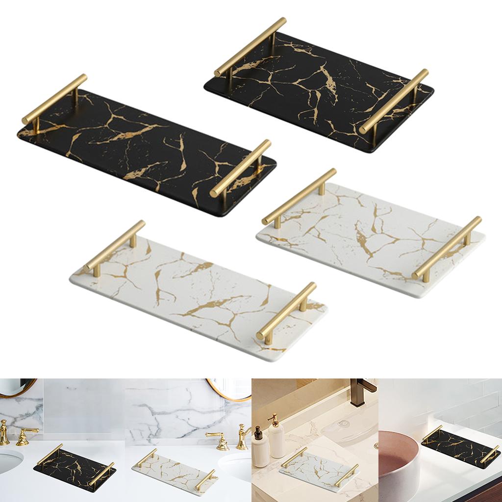 Marble Serving Tray with Handle Easy Clean for Home Living Room Decoration White Rectangle
