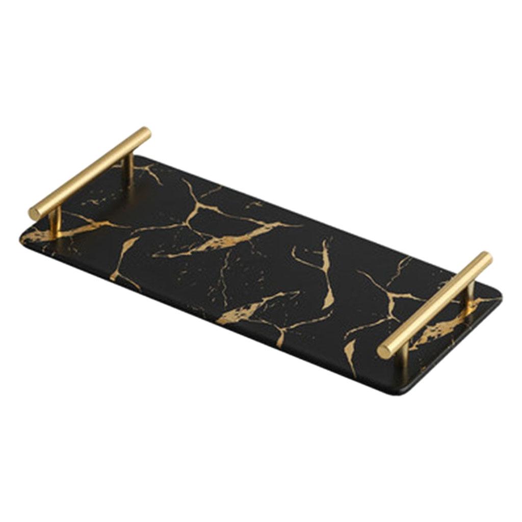 Marble Serving Tray with Handle Easy Clean for Home Living Room Decoration Black Rectangle