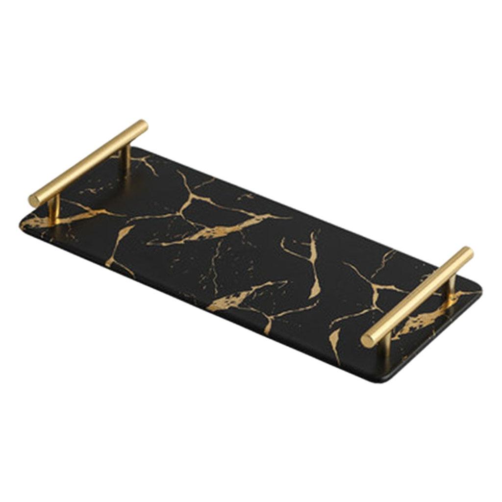 Marble Serving Tray with Handle Easy Clean for Home Living Room Decoration Black Rectangle