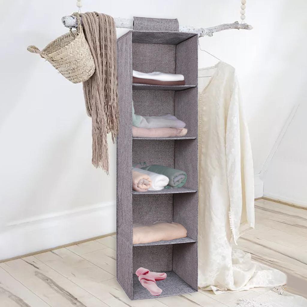 Portable Hanging Closet Organizer No-Woven Fabric for Purses Dorm Room 5 Layer Grey