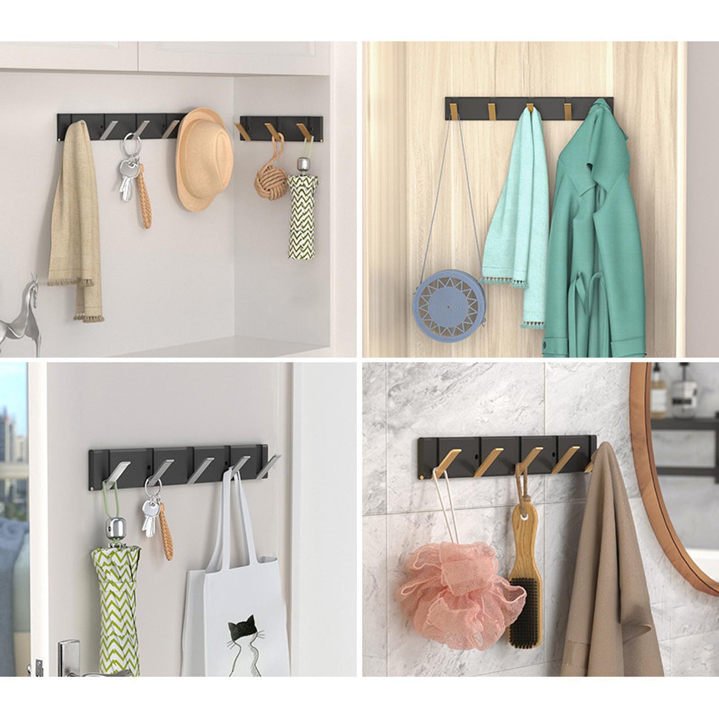 Metal Wall Mounted Coat Rack Foldable Hooks for Home Office Towels Hats black base silver