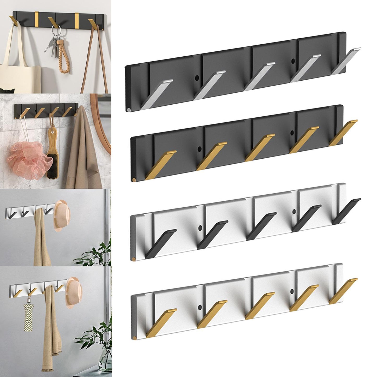 Metal Wall Mounted Coat Rack Foldable Hooks for Home Office Towels Hats black base silver