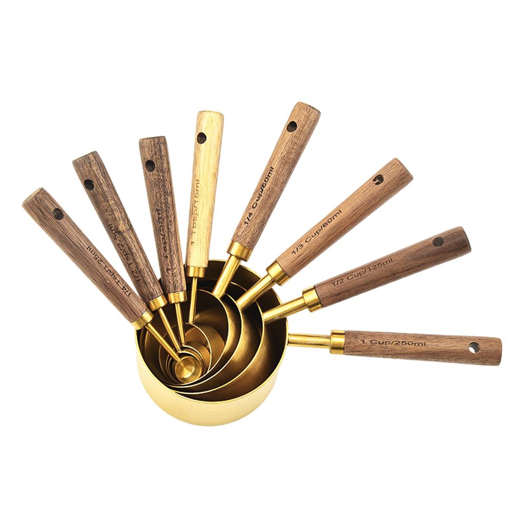 Stainless Steel Measuring Cups Spoons Set Wood Handle Measuring Spoon Cup