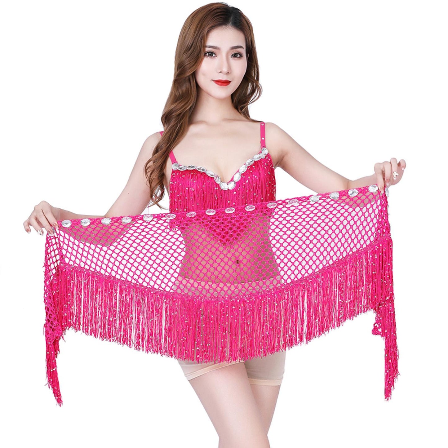Belly Dance Hip Scarf Dance Belt Tassel Fancy Dress Skirt Belt Rose Red