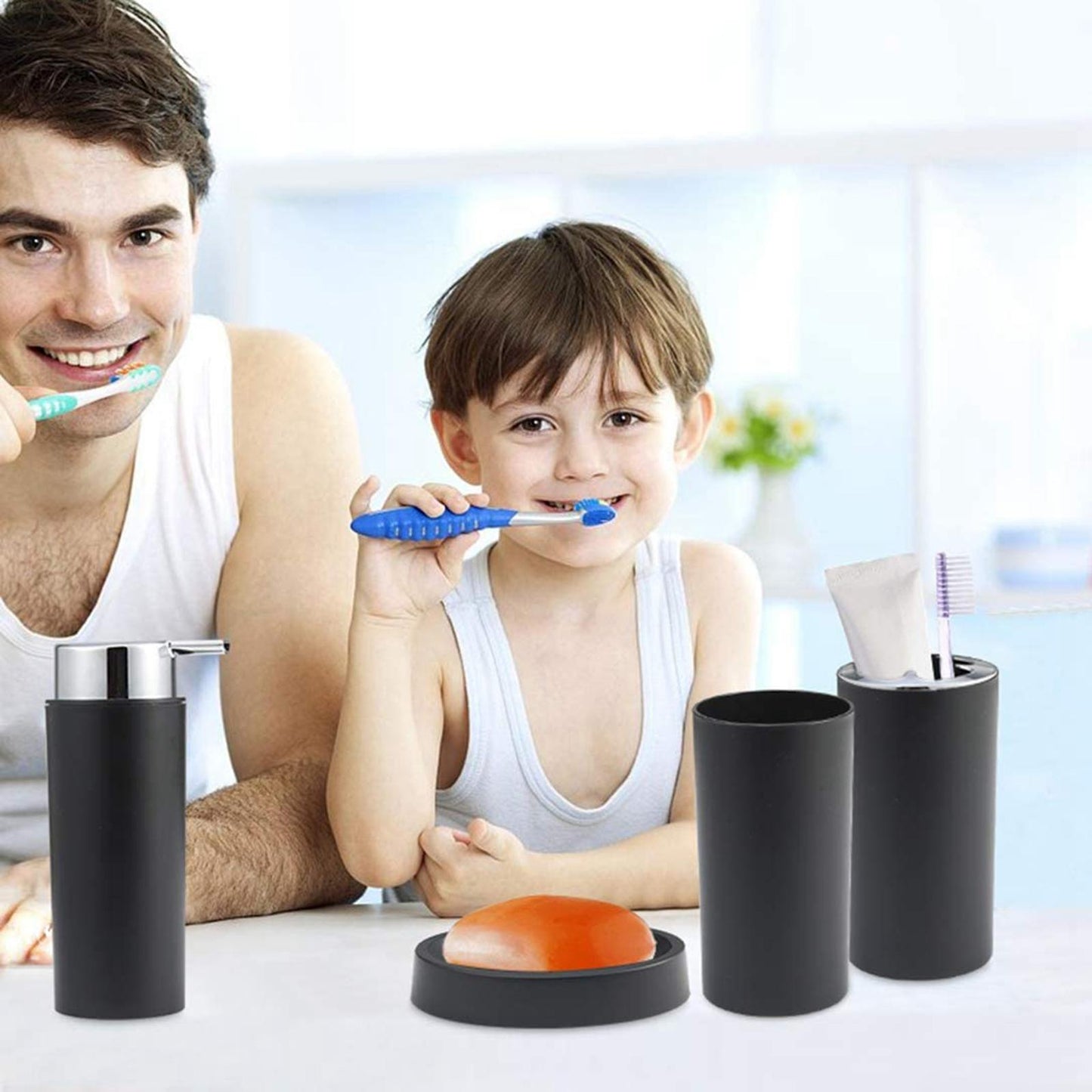 6x Bathroom Accessories Set Tumbler Toothbrush Holder Lotion Dispenser Black
