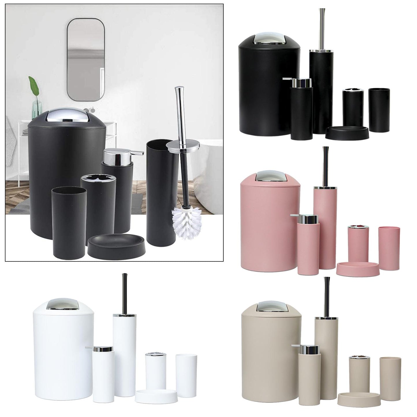 6x Bathroom Accessories Set Tumbler Toothbrush Holder Lotion Dispenser Black