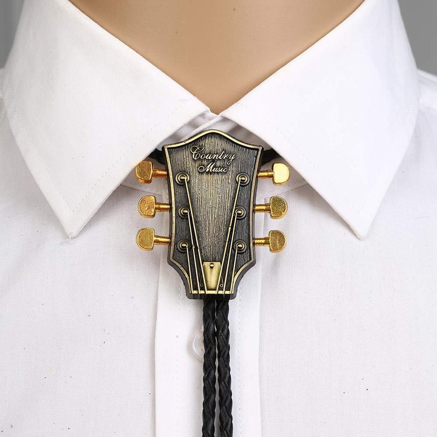 Guitar Head Bolo Tie Wedding Necklace PU Leather Rope Western Cowboy Silver