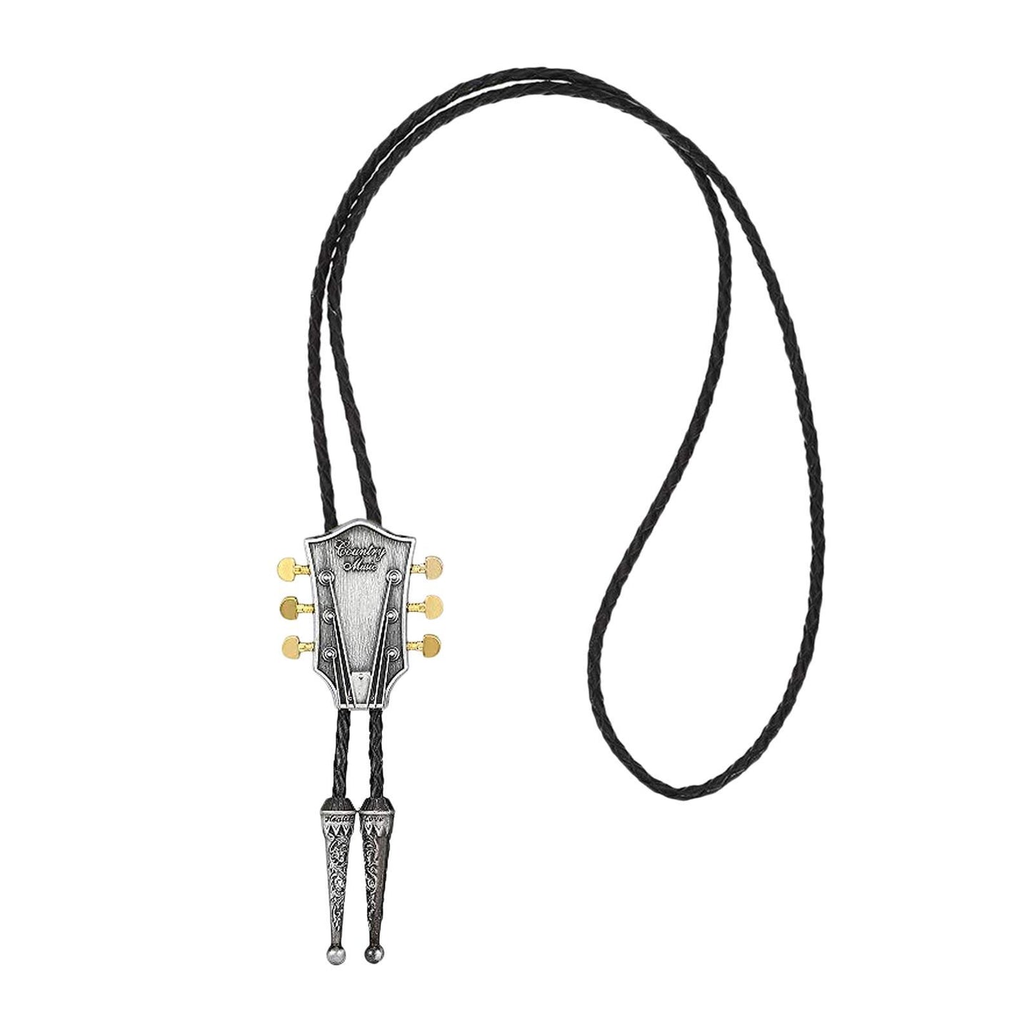 Guitar Head Bolo Tie Wedding Necklace PU Leather Rope Western Cowboy Silver