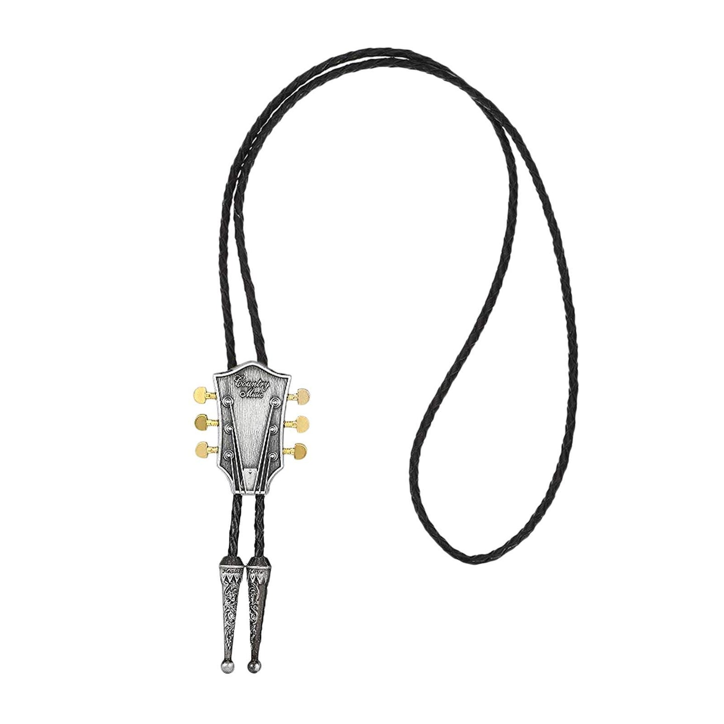 Guitar Head Bolo Tie Wedding Necklace PU Leather Rope Western Cowboy Silver