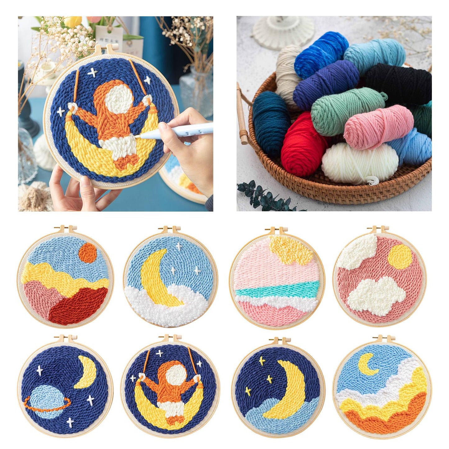 Moon Star Punch Needle Kit Soft Yarn DIY Needlework Embroidery Craft A
