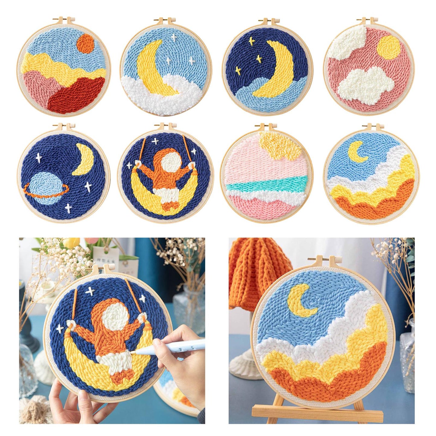 Moon Star Punch Needle Kit Soft Yarn DIY Needlework Embroidery Craft A