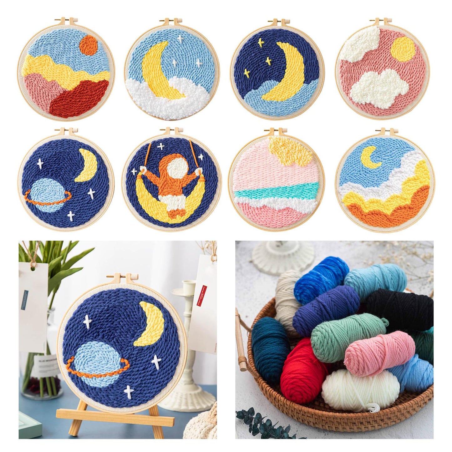 Moon Star Punch Needle Kit Soft Yarn DIY Needlework Embroidery Craft A