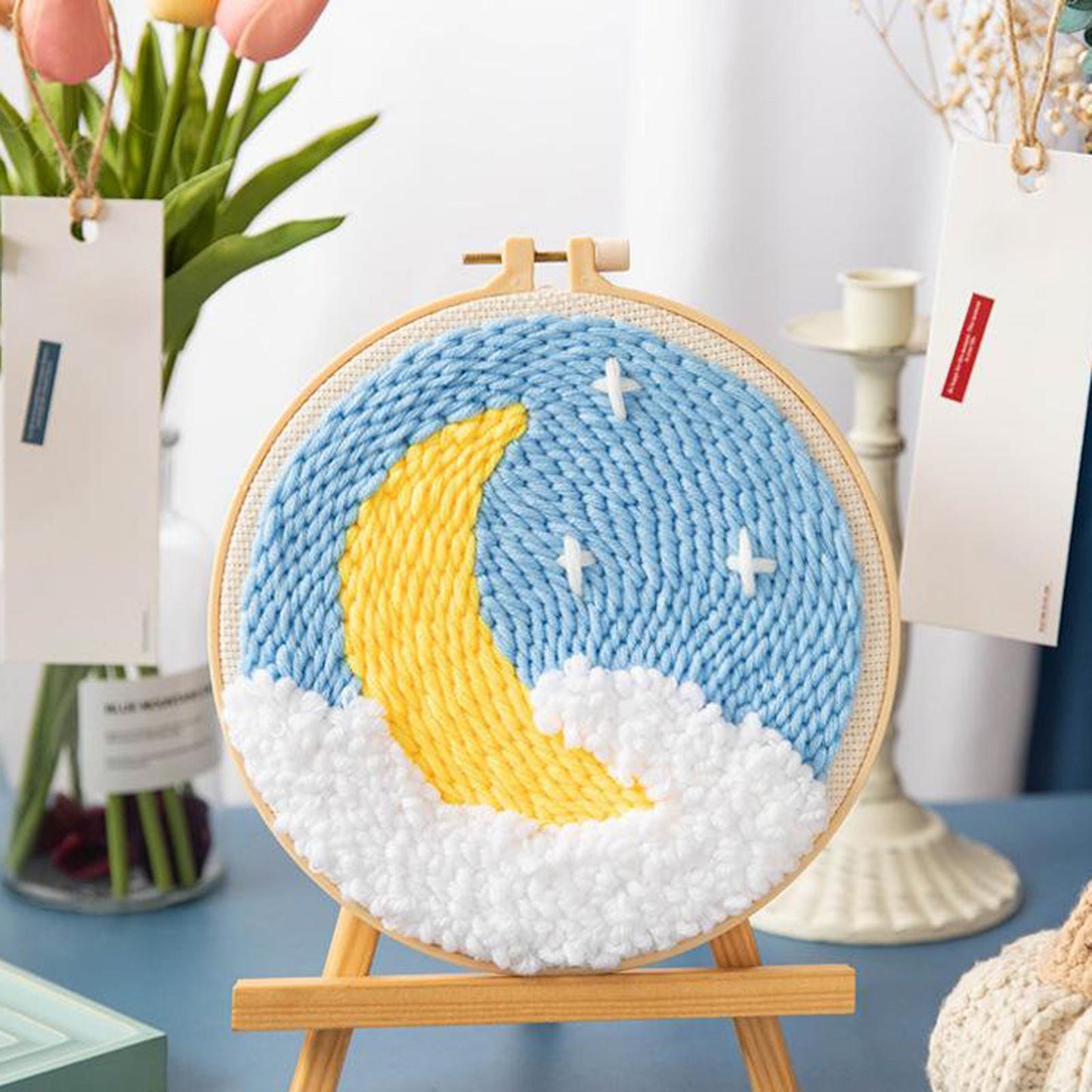 Moon Star Punch Needle Kit Soft Yarn DIY Needlework Embroidery Craft D