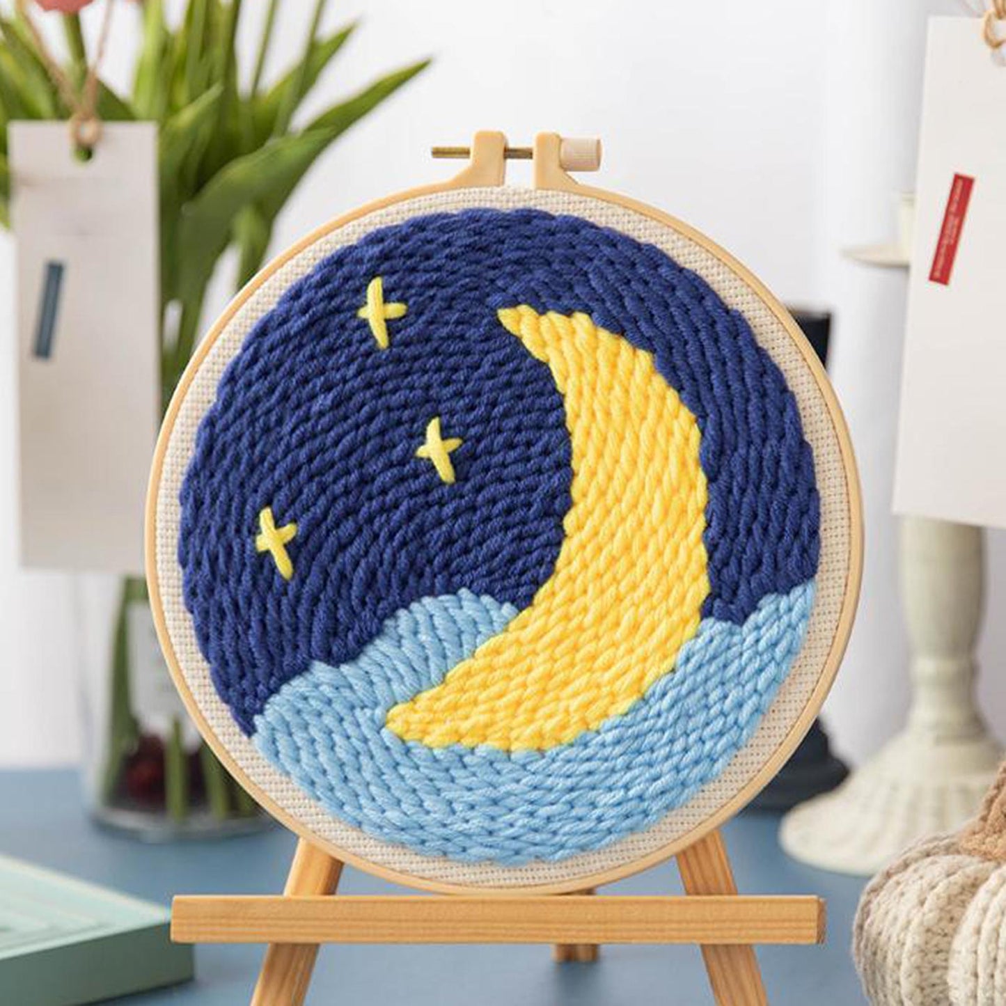 Moon Star Punch Needle Kit Soft Yarn DIY Needlework Embroidery Craft E