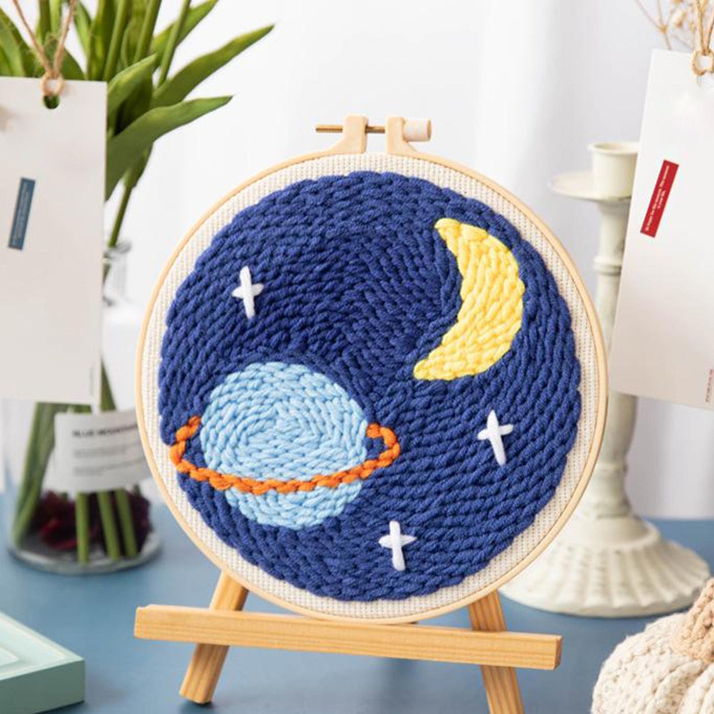Moon Star Punch Needle Kit Soft Yarn DIY Needlework Embroidery Craft F