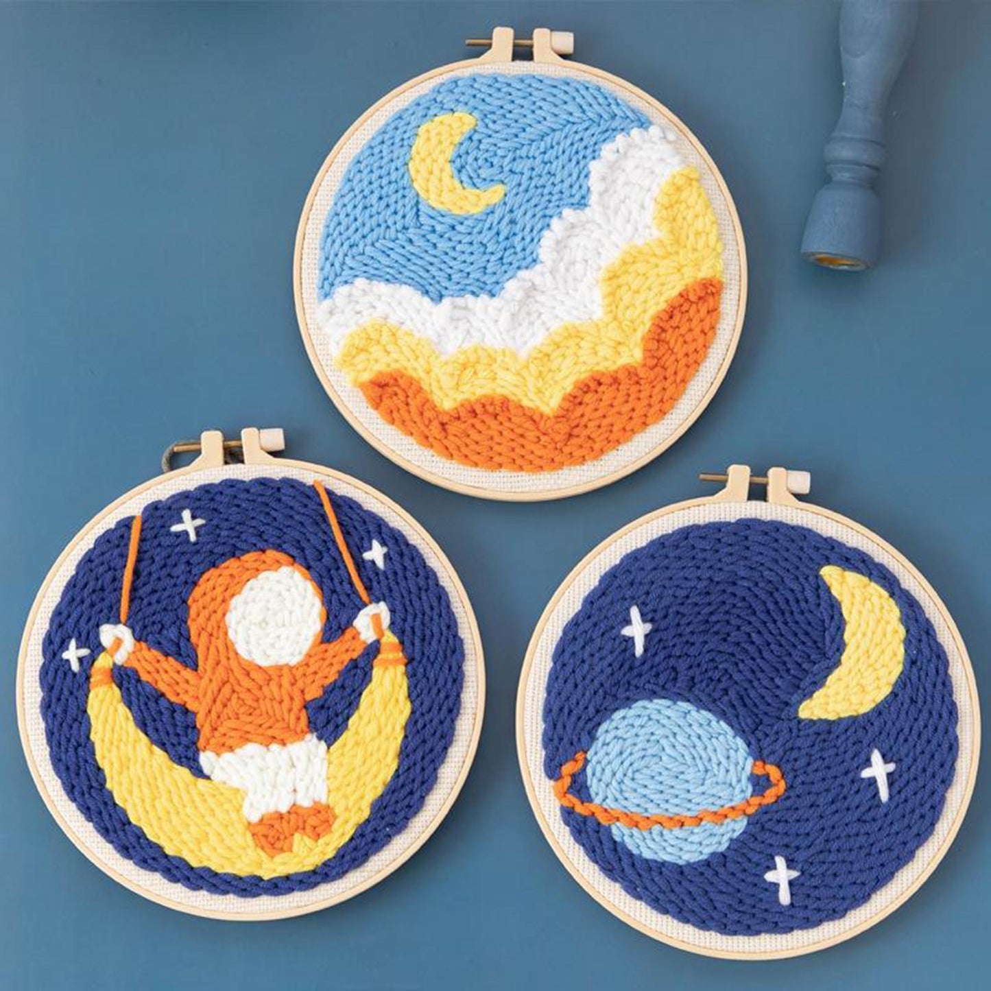 Moon Star Punch Needle Kit Soft Yarn DIY Needlework Embroidery Craft G
