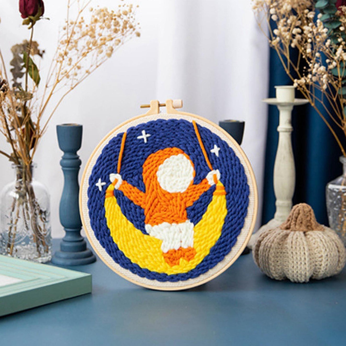 Moon Star Punch Needle Kit Soft Yarn DIY Needlework Embroidery Craft G