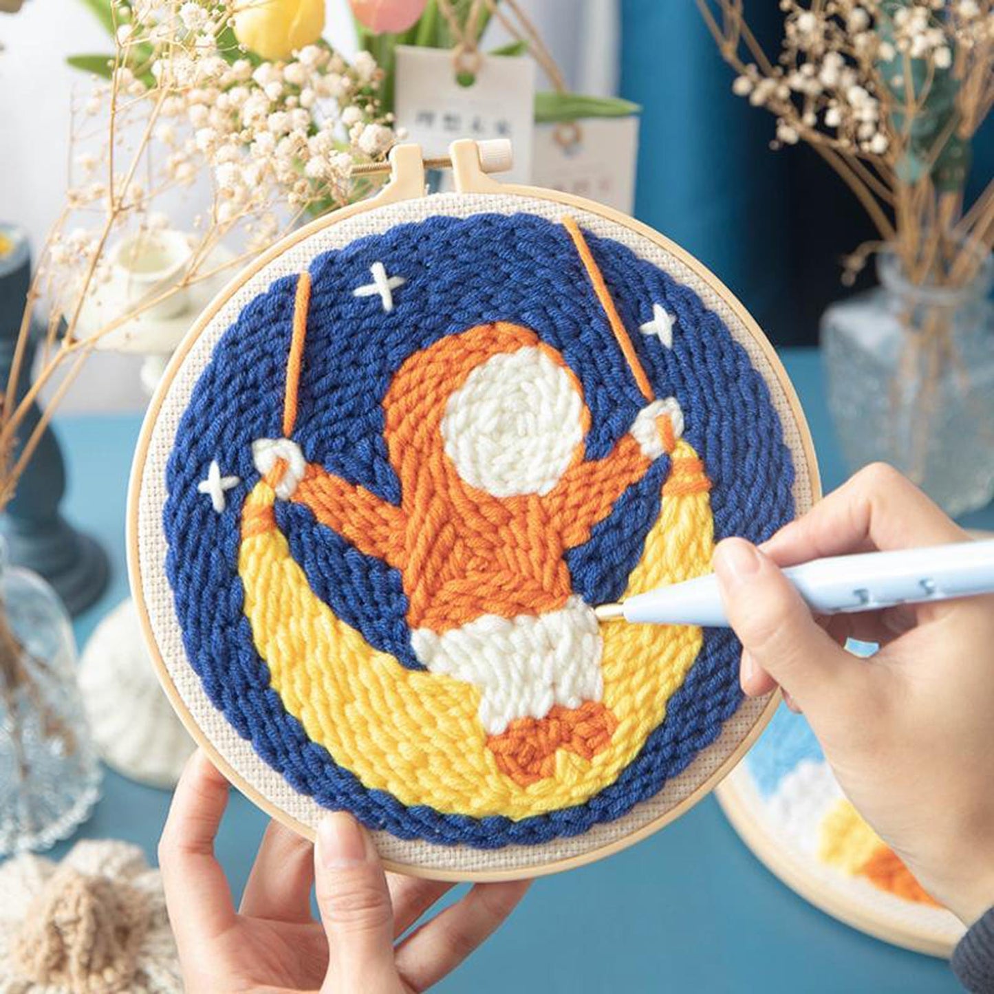 Moon Star Punch Needle Kit Soft Yarn DIY Needlework Embroidery Craft G