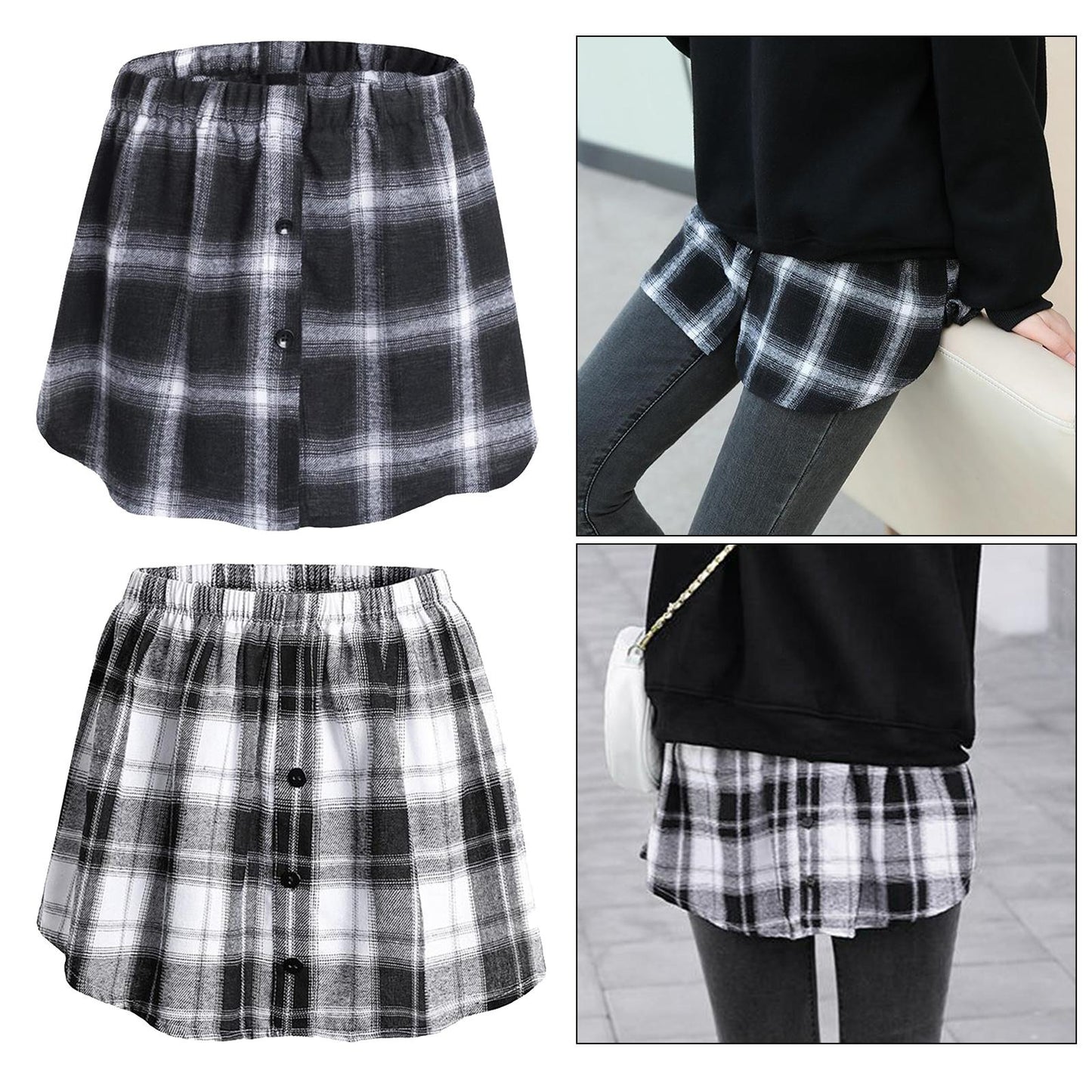 Plaid Half Skirt Girls T-Shirt Hoodies False Bottom Extender Down Black