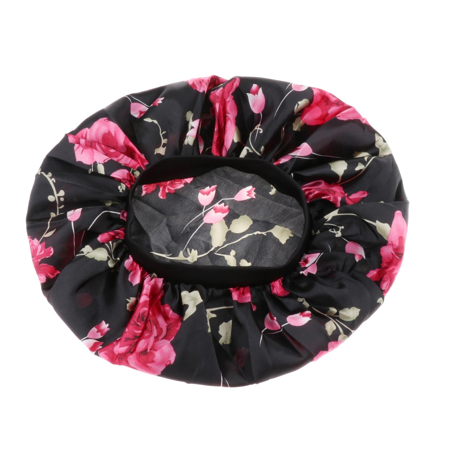Satin Women Sleep Cap Night Wrap Elastic Sleeping Bonnet Safflower On Black