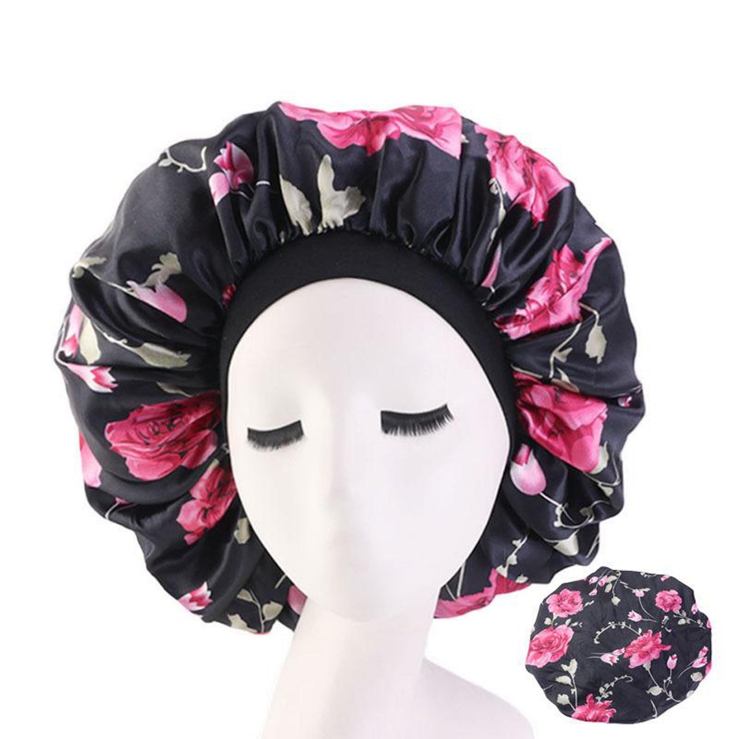 Satin Women Sleep Cap Night Wrap Elastic Sleeping Bonnet Safflower On Black