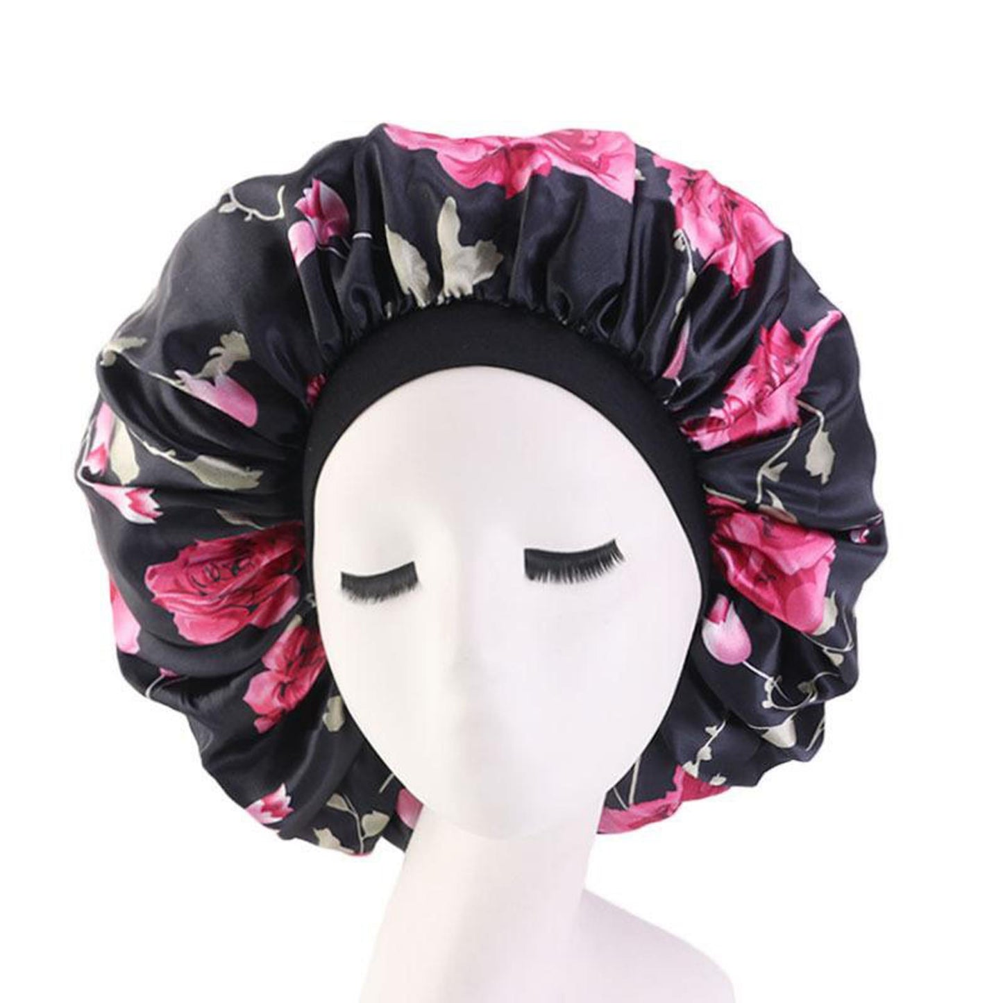 Satin Women Sleep Cap Night Wrap Elastic Sleeping Bonnet Safflower On Black