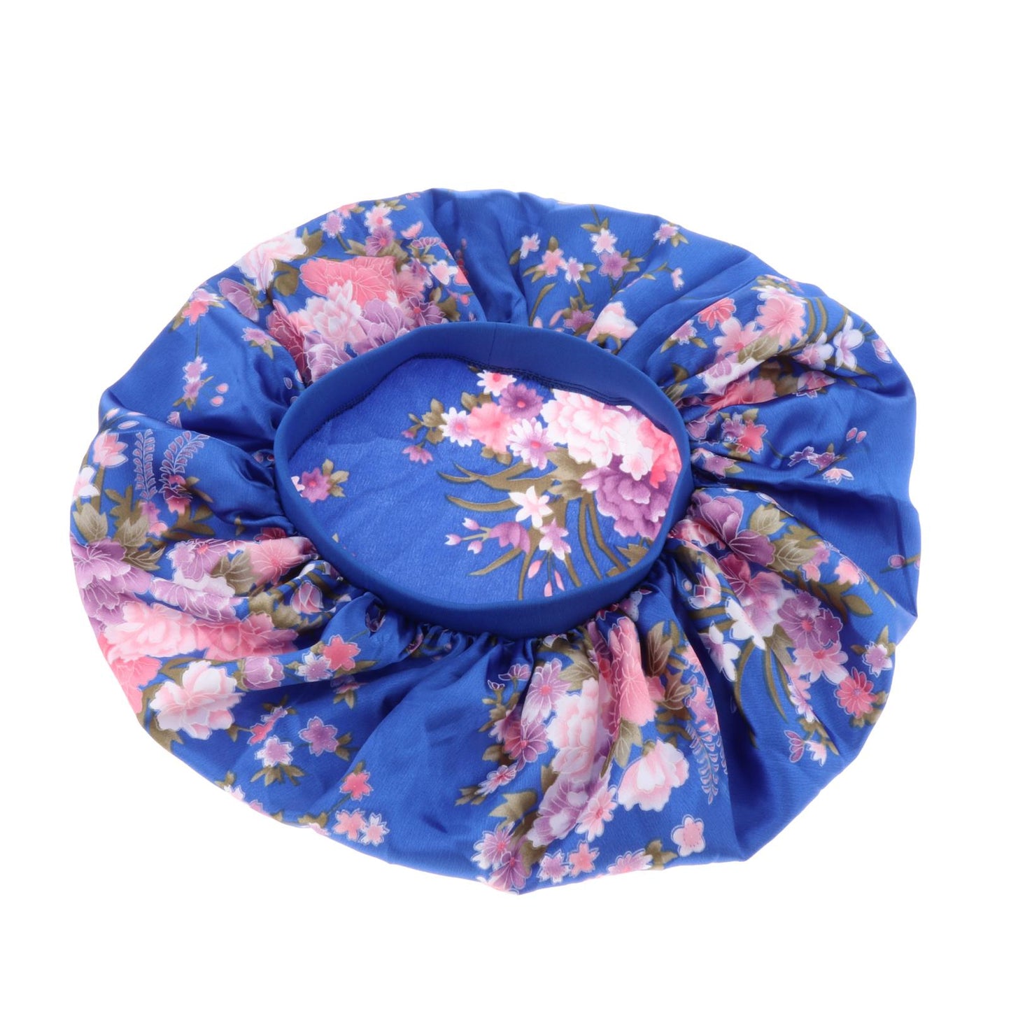 Satin Women Sleep Cap Night Wrap Elastic Sleeping Bonnet Pink Flower On Blue
