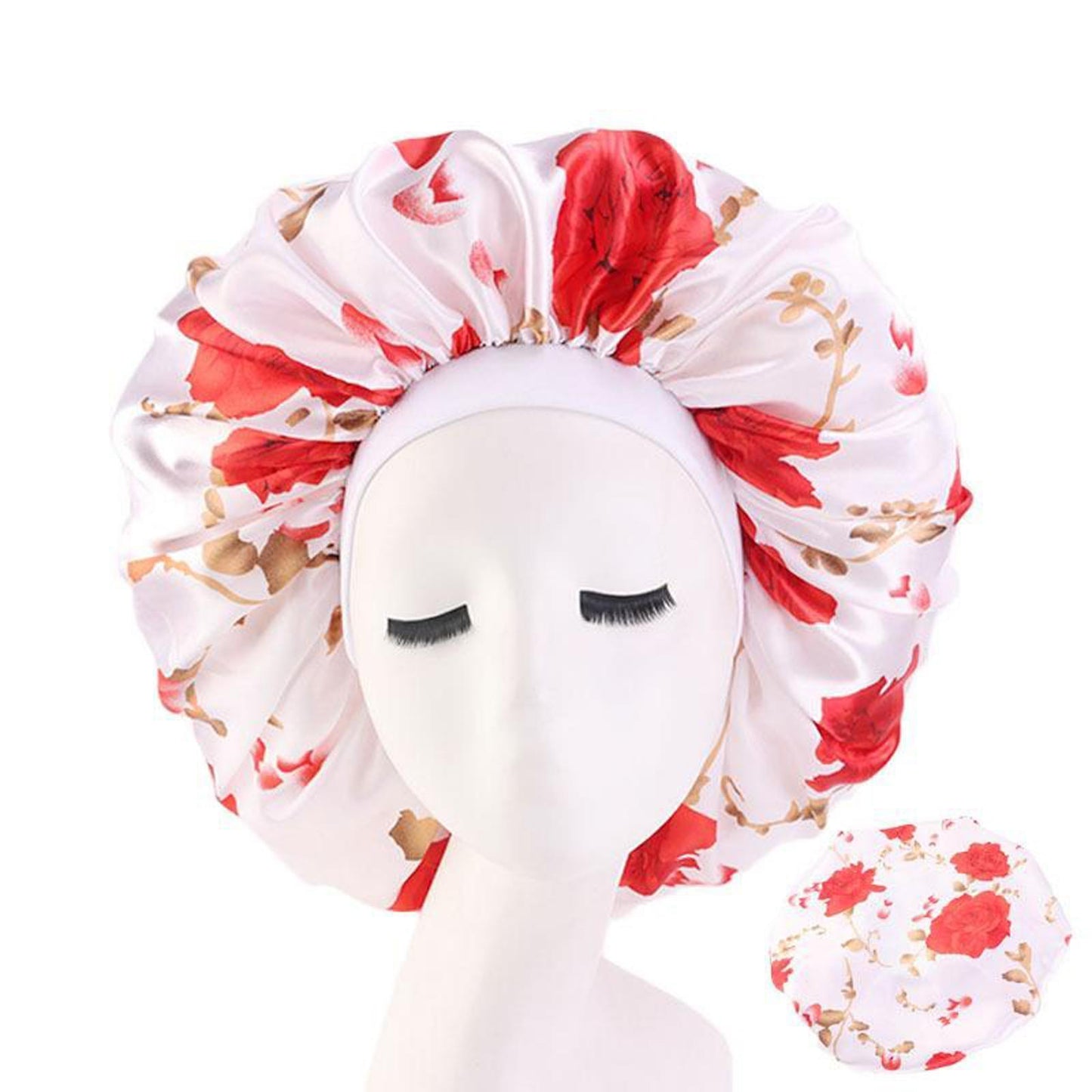 Satin Women Sleep Cap Night Wrap Elastic Sleeping Bonnet Safflower On White